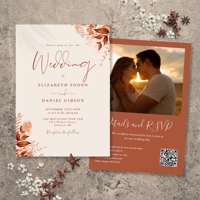 Rustikale Herbstssfall florale QR-Foto Hochzeit Einladung (Rustic Autumn Fall Floral QR Code Photo Wedding Invitation)