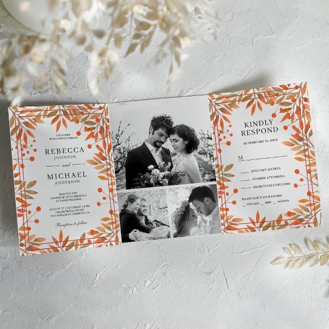 Rustikale Herbstwoche lässt Fotocollage Hochzeit Dreifach Gefaltete Einladung (Von Creator hochgeladen)