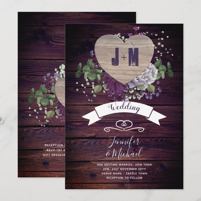 Rustikale Herz-Lila-Blumen Hochzeit Einladung (Vorne/Hinten)