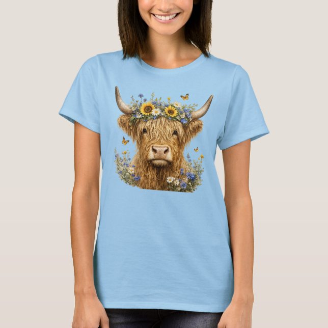 Rustikale Highland-Kuh-Blumen T-Shirt (Vorderseite)