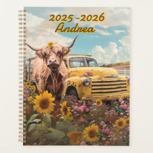 Rustikale Highland-Kuh Vintage-LKW Sonnenblumen Planer