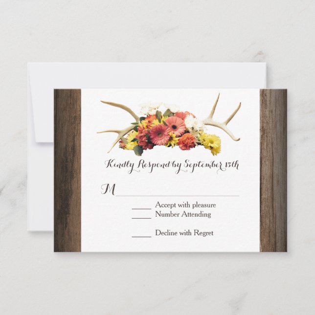 Rustikale Hirschantler Daisy Wood Wedding RSVP Car Karte (Vorderseite)