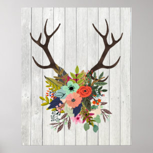 Rustikale Hirschantler mit Blume Poster