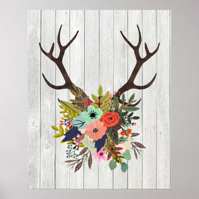 Rustikale Hirschantler mit Blume Poster (Vorne)