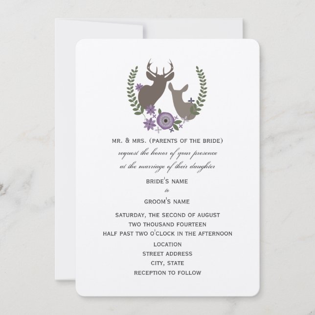 Rustikale Hirschhochzeit - Lila Blumenzähne Einladung (Vorderseite)