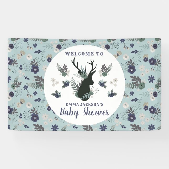 Rustikale Hirschkopf Blue Floral Baby Dusche Willk Banner (Horizontal)