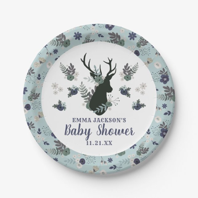 Rustikale Hirschkopf Blue Floral Girl Babydusche Pappteller (Vorderseite)