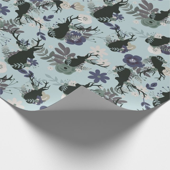 Rustikale Hirschkopf Blue Floral Moderne Babydusch Geschenkpapier (Ecke)