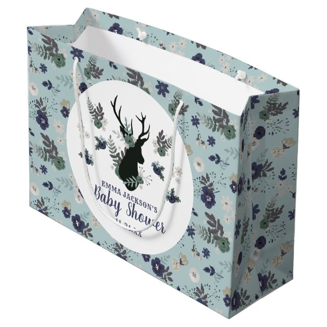 Rustikale Hirschkopf Blue Floral Moderne Babydusch Große Geschenktüte (Rückseite Schrägansicht)