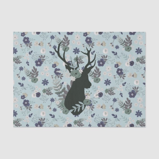 Rustikale Hirschkopf Blue Floral Moderne Babydusch Seidenpapier (Vorderseite)
