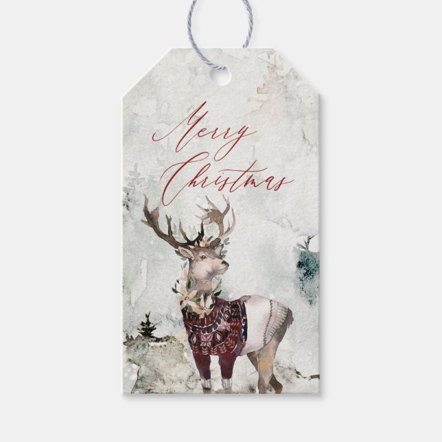 Rustikale Hirschwasserfarbe Schneeszene Weihnachte Geschenkanhänger (Vorderseite)