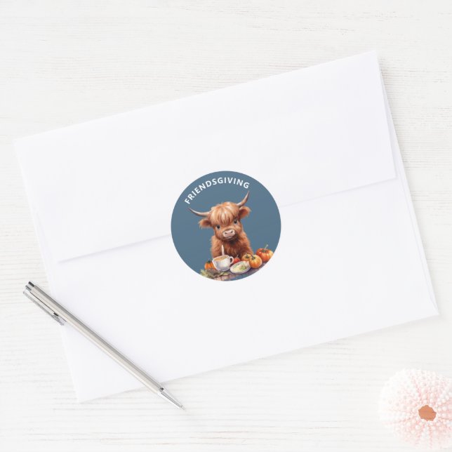 Rustikale Hochland-Kuh-Friendsgiving-Stickers (bla Runder Aufkleber (Umschlag)