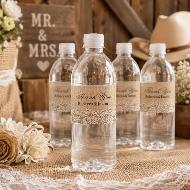 Rustikale Hochzeit auf dem Western (rustic burlap lace western country barn wedding water bottle label)