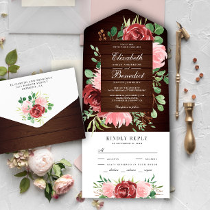 Rustikale Hochzeit aus Burgund und Rosa Blütenholz All In One Einladung