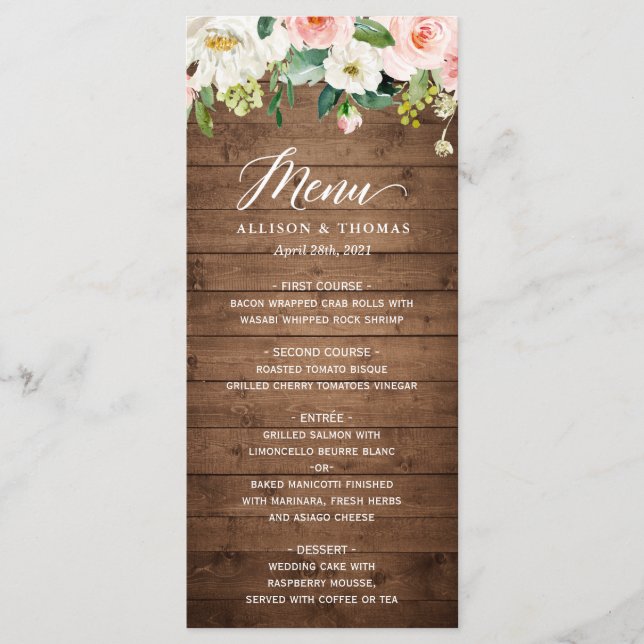 Rustikale Hochzeit aus Holz Rosa Menükarte (Vorderseite)