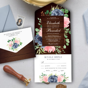 Rustikale Hochzeit aus Holz Rosa Navy Blau Blütenb All In One Einladung