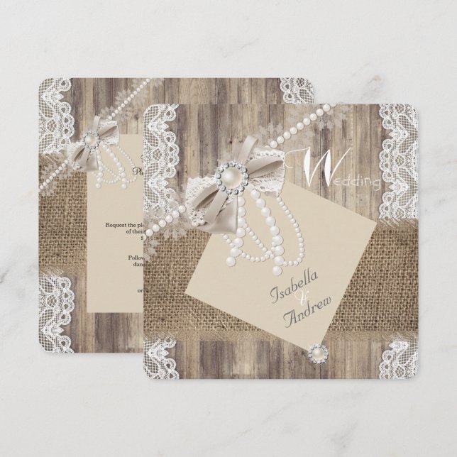 Rustikale Hochzeit Beige Pearl Lace Wood Burlap 3 Einladung (Vorne/Hinten)