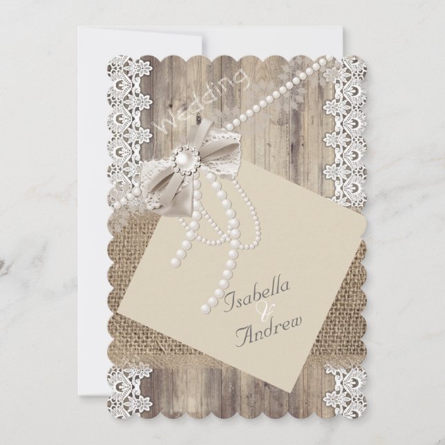 Rustikale Hochzeit Beige Pearl Lace Wood Burlap 4 Einladung (Vorderseite)