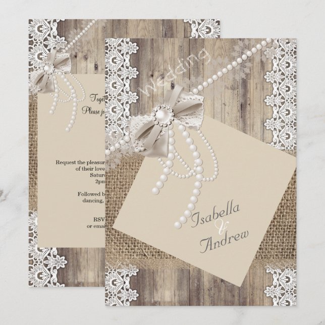 Rustikale Hochzeit Beige Pearl Lace Wood Burlap 4 Einladung (Vorne/Hinten)