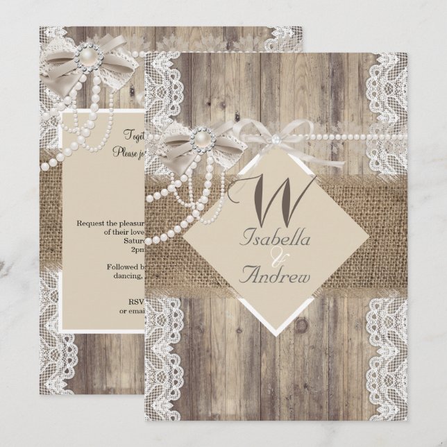 Rustikale Hochzeit Beige Pearl Lace Wood Burlap Einladung (Vorne/Hinten)