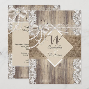Rustikale Hochzeit Beige Pearl Lace Wood Burlap Einladung