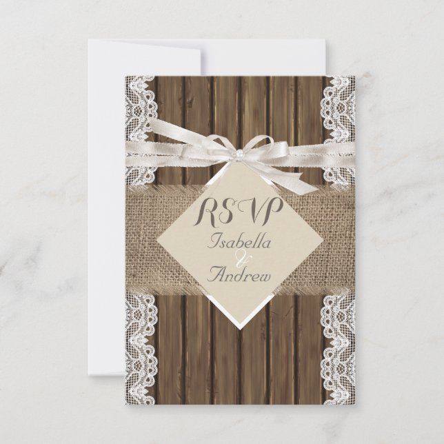Rustikale Hochzeit Beige UAWG Lace Wood Burlap 3 RSVP Karte (Vorderseite)