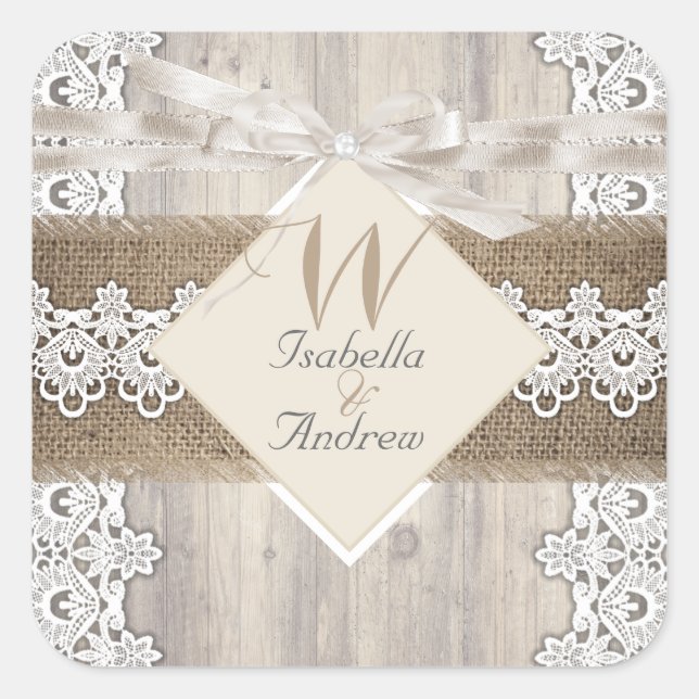 Rustikale Hochzeit Beige weiße Lace Wood Burlap AB Quadratischer Aufkleber (Vorderseite)