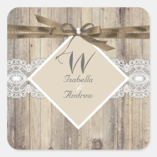 Rustikale Hochzeit Beige Weiße Spitze Holz 2 Quadratischer Aufkleber