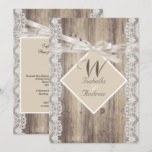 Rustikale Hochzeit Beige Weiße Spitze Holz Einladung