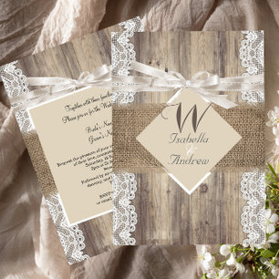 Rustikale Hochzeit Beige Weiße Spitze Holz Jute 2 Einladung