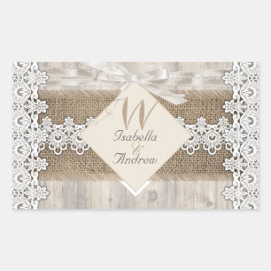 Rustikale Hochzeit Beige Weiße Spitze Holz Jute AB Rechteckiger Aufkleber