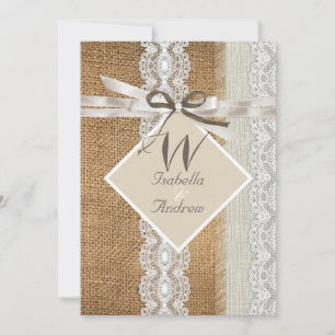 Rustikale Hochzeit Beige Weißer Lace Burlap Pearl  Einladung