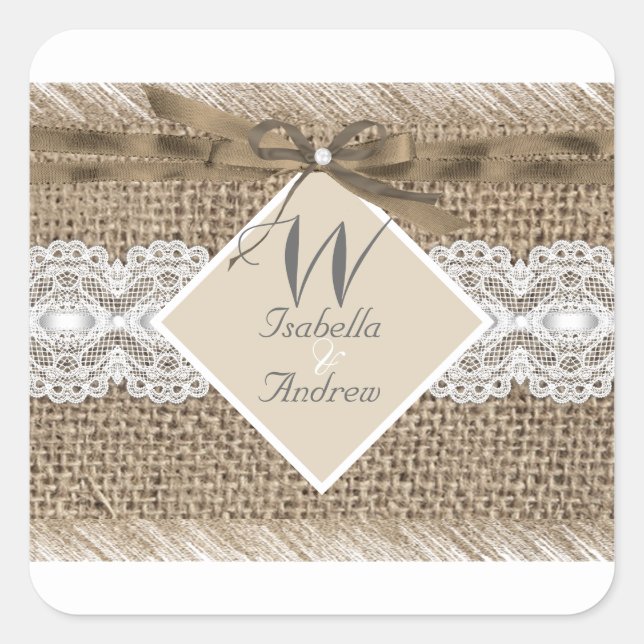 Rustikale Hochzeit Beige White Lace Burlap 2 Quadratischer Aufkleber (Vorderseite)