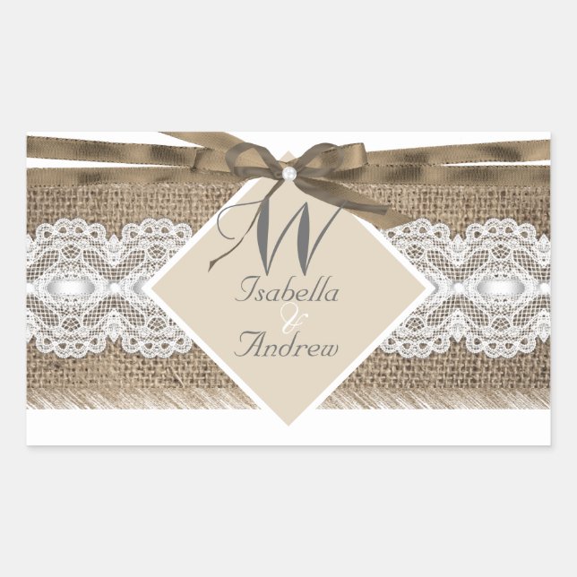 Rustikale Hochzeit Beige White Lace Burlap 2a Rechteckiger Aufkleber (Vorderseite)