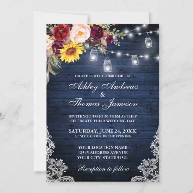 Rustikale Hochzeit Blau Holz Jars Lights Lace Flor Einladung (Vorderseite)