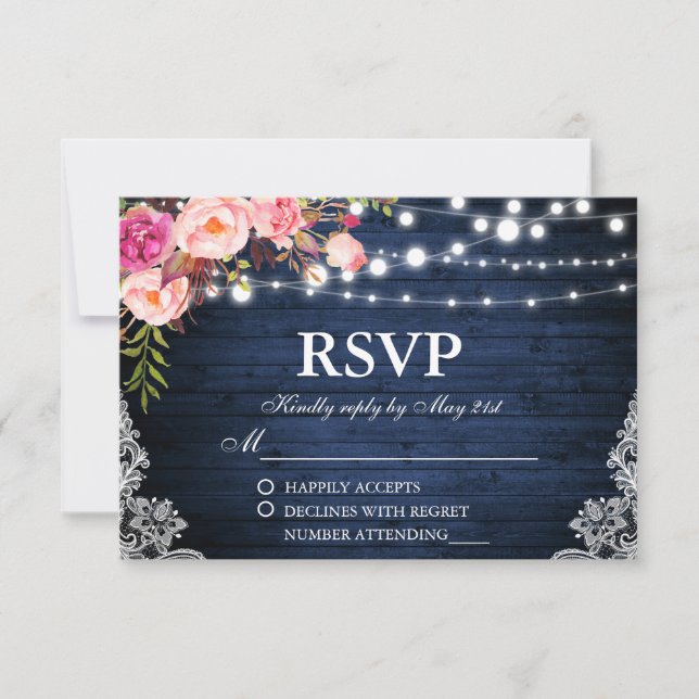 Rustikale Hochzeit blaues Holz Blumenleuchten Spit RSVP Karte (Vorderseite)