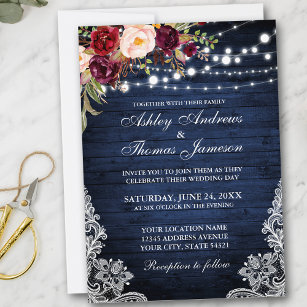 Rustikale Hochzeit blaues Holz Lichter Lace Floral Einladung