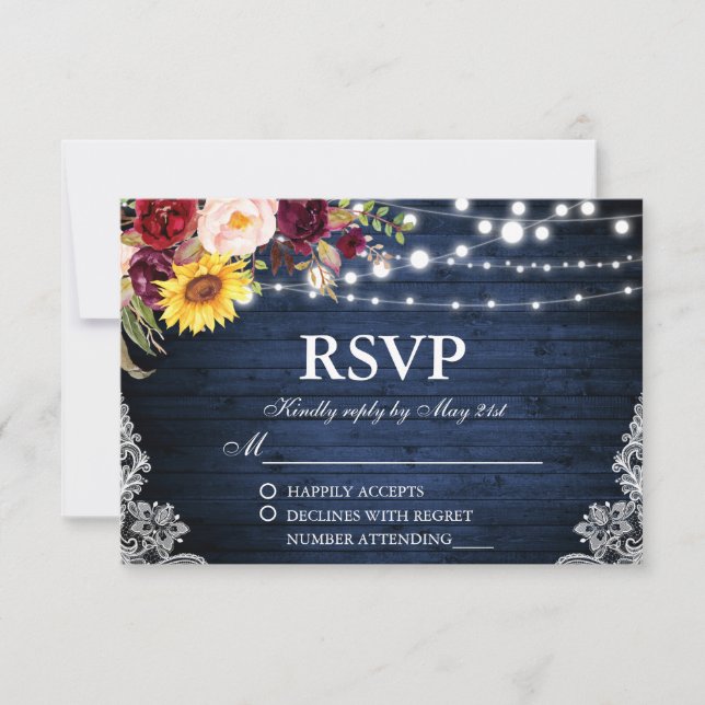 Rustikale Hochzeit blaues Holz mit Streichelleucht RSVP Karte (Vorderseite)