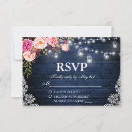 Rustikale Hochzeit blaues Holz rosa Blumenleuchten RSVP Karte