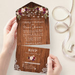 Rustikale Hochzeit Burgund Blumenwald Lights All In One Einladung<br><div class="desc">Rustikale Hochzeit,  Watercolor Burgundy Floral,  Holz und String Lights Hochzeit All In One Einladung mit RSVP Card beinhaltet burgundische Rose,  rosa Rosen,  rote Rosen und botanische Vegetation.</div>