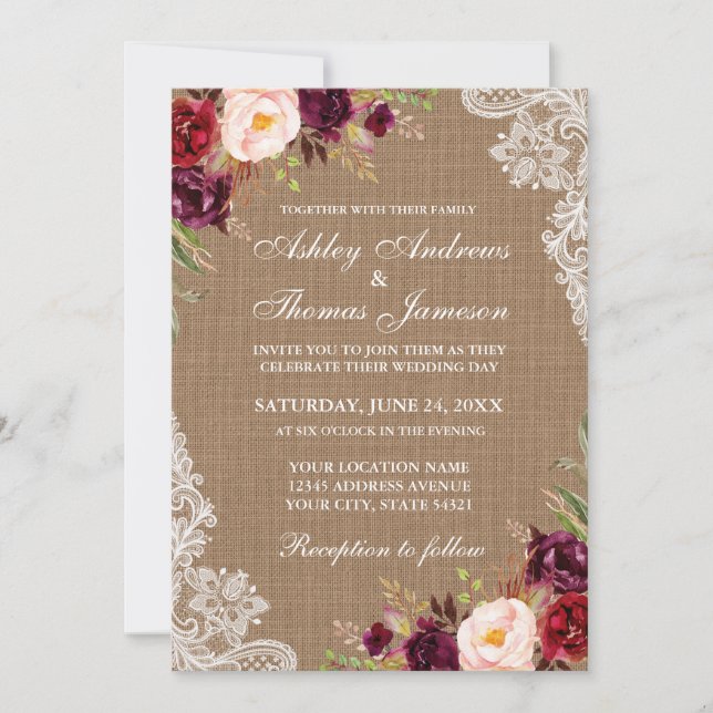 Rustikale Hochzeit Burlap Burgundy Bloral Lace Ein Einladung (Vorderseite)