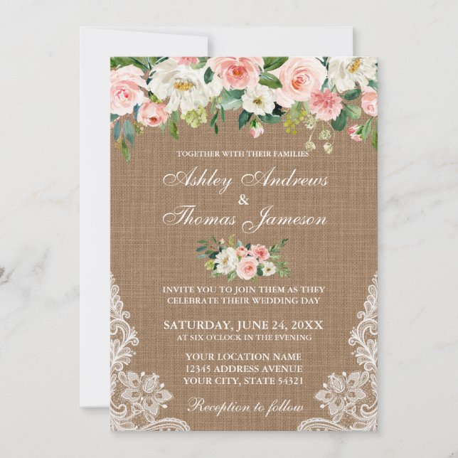 Rustikale Hochzeit Burlap Lace Pink Floral Einladu Einladung (Vorderseite)