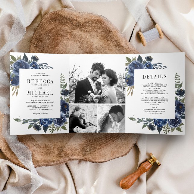 Rustikale Hochzeit der blauen Blütenblume Dreifach Gefaltete Einladung (Von Creator hochgeladen)