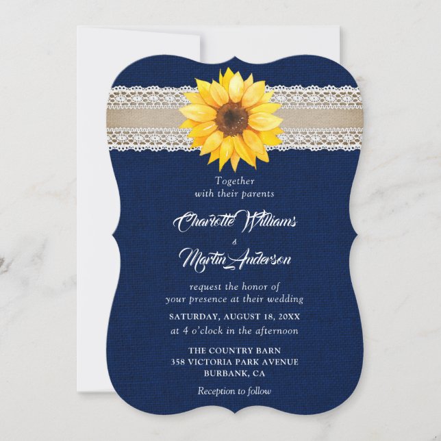 Rustikale Hochzeit der Navy Blue Burlap Lace Sunfl Einladung (Vorderseite)