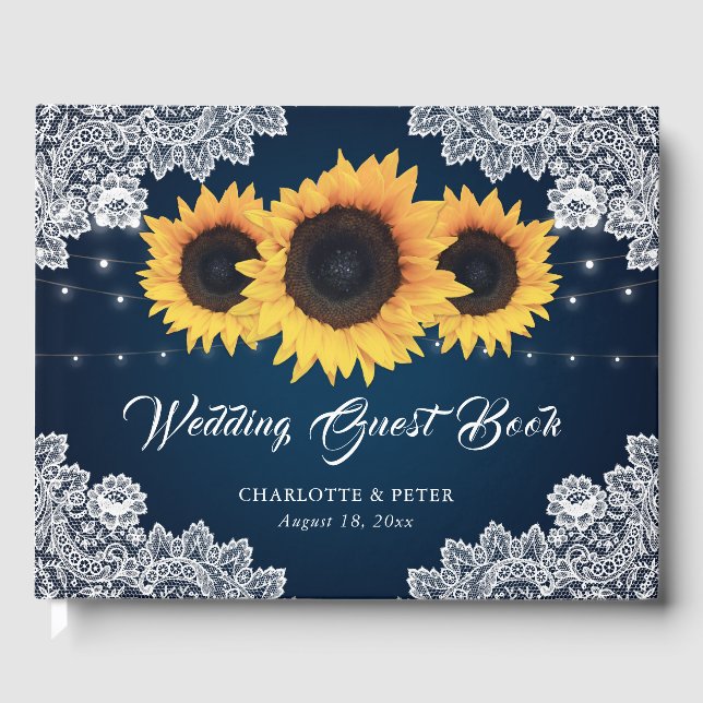 Rustikale Hochzeit der Navy Blue Lace Sonnenblume Gästebuch (Vorderseite)