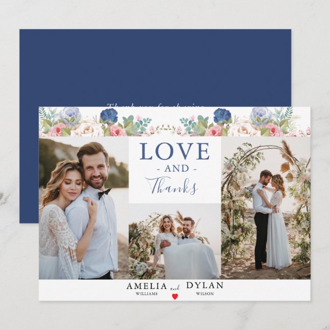 Rustikale Hochzeit der Navy Blush Pink Floral Dankeskarte (Vorne/Hinten)