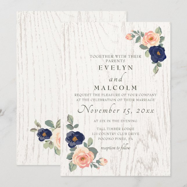 Rustikale Hochzeit der Navy in Blau und Peach Flor Einladung (Vorne/Hinten)