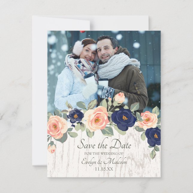Rustikale Hochzeit der Navy in Blau und Peach Flor Einladung (Vorderseite)