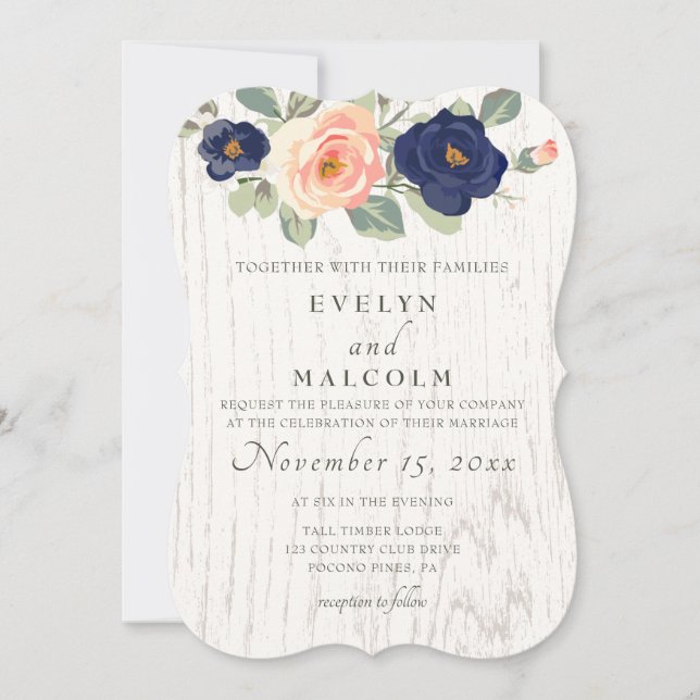 Rustikale Hochzeit der Navy in Blau und Peach Flor Einladung (Vorderseite)