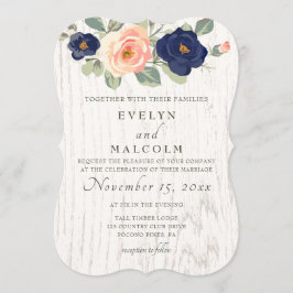 Rustikale Hochzeit der Navy in Blau und Peach Flor Einladung